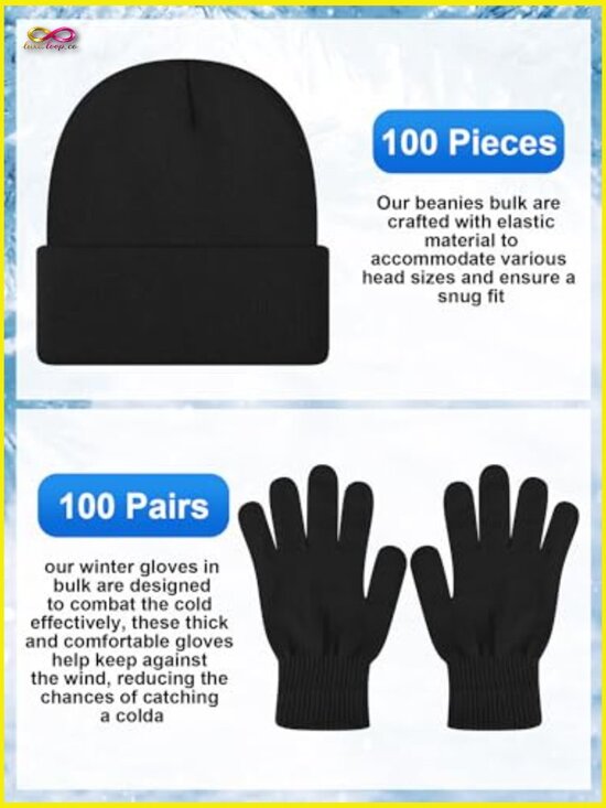 Bulk Winter Beanies and Gloves Set 100 Pack Unisex Hats Gloves for Charity main image 5
